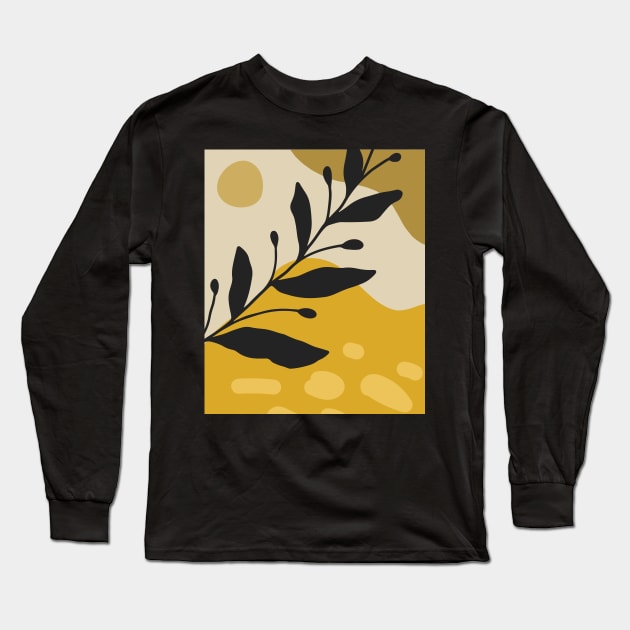 Minimal Modern  Abstract Shapes Black Leaves Warm Tones  Design Long Sleeve T-Shirt by zedonee